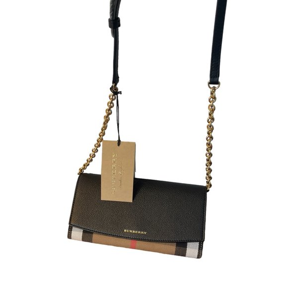 Burberry Henley Check Chain Crossbody Wallet Bag Leather & Fabric Black - Picture 13 of 13